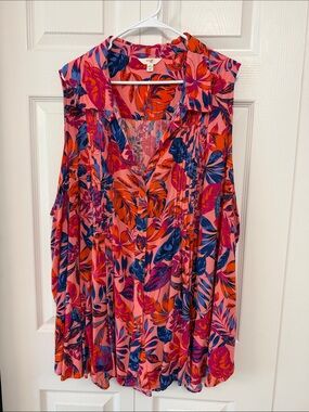 Terra & Sky Pink Coral & Navy Tropical Sleeveless Blouse